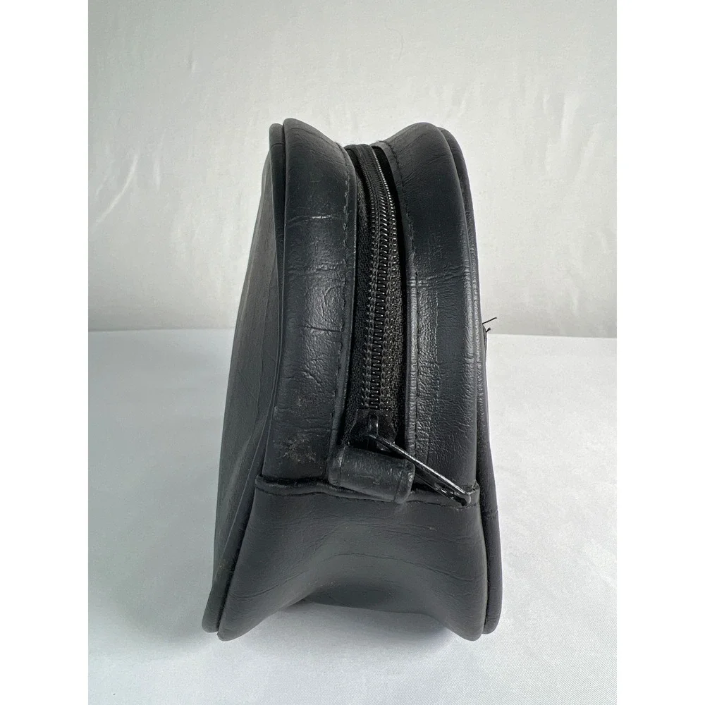 Vintage black faux leather zippered travel pouch or cosmetic bag, ID card slot